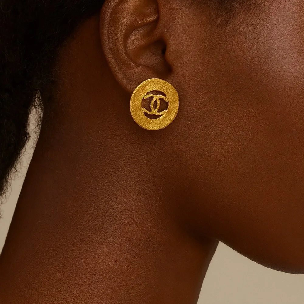CHANEL Vintage CC Logo Gold Plated Circular Earrings